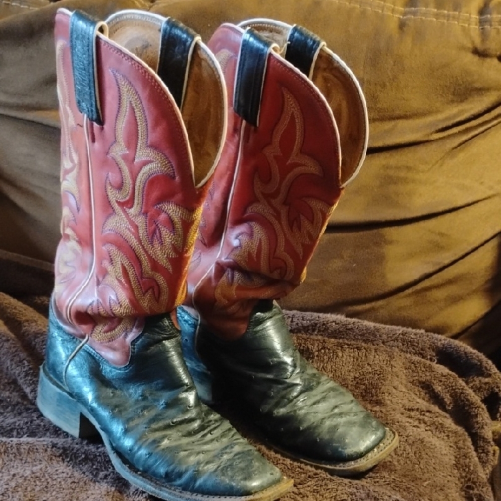 Red and Black Western Justin Full Quill Ostrich Cowboy Boots
